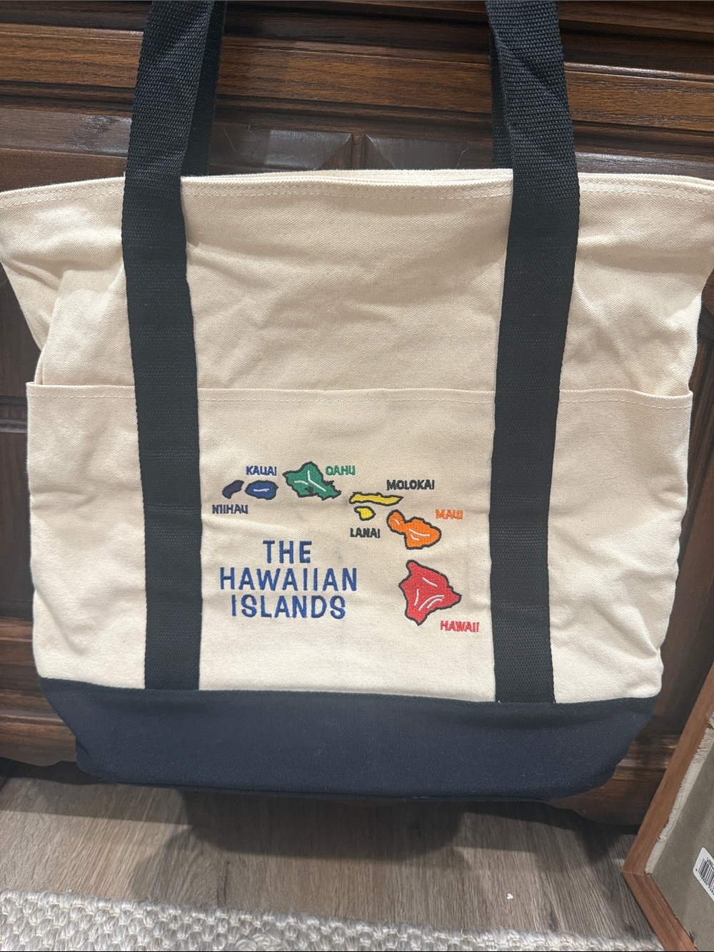 Canvas Embroidered Hawaiian Islands Tote Bag with Black Straps